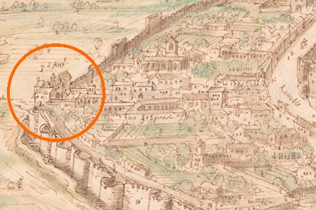 Mapa antic amb un cercle vermell que assenyala el punt on es troba l'Església de Sant Antoni Abat