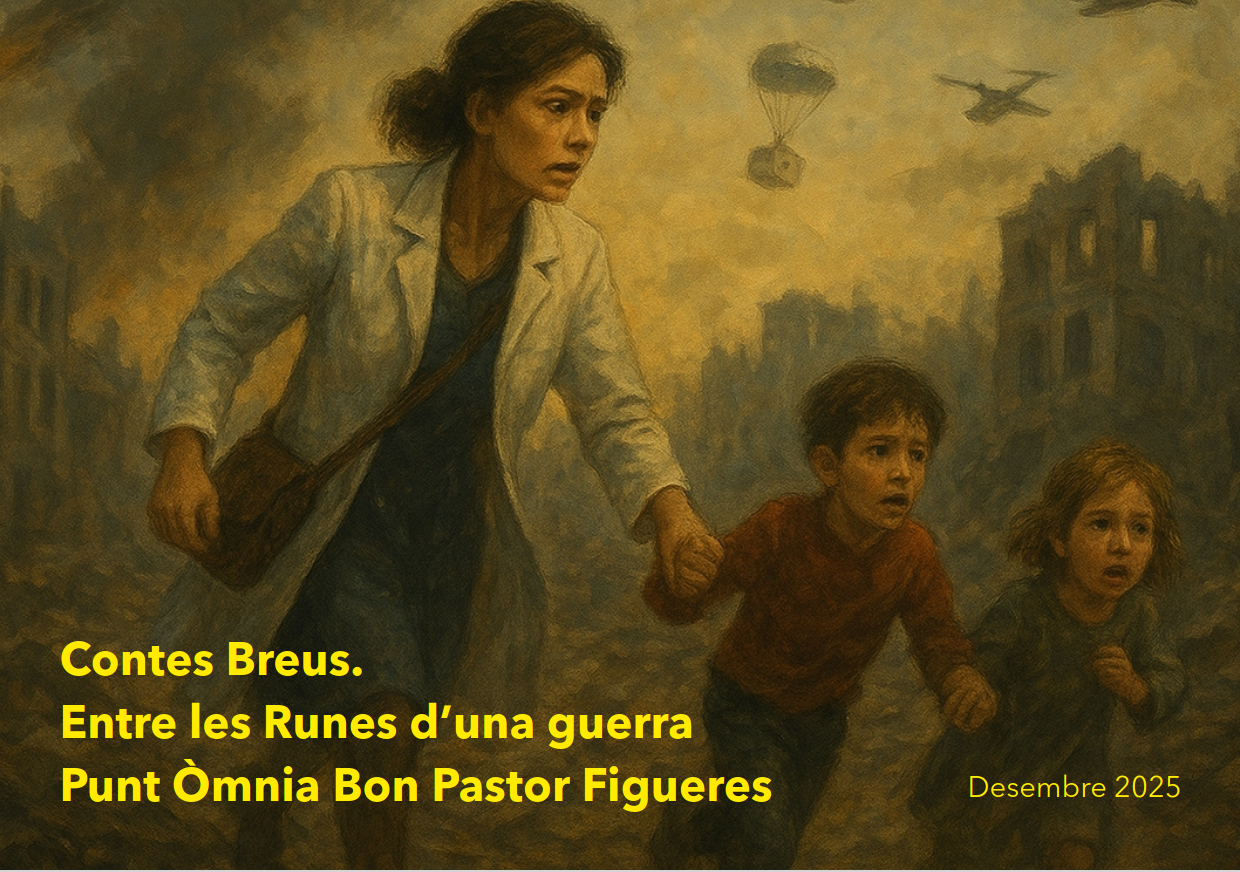Il·lustració de to pictòric i dramàtic que mostra una dona adulta agafant de la mà dos infants mentre fugen entre edificis en runes en un escenari de guerra. Al fons s’hi veuen avions volant i paracaigudes descendint en un cel fosc i ennuvolat. La dona mira cap a un costat amb expressió d’alerta i protecció, i els infants avancen amb por i urgència. A la part inferior esquerra hi apareix el text “Contes Breus. Entre les Runes d’una guerra. Punt Òmnia Bon Pastor Figueres” i, a la dreta, “Desembre 2025”.