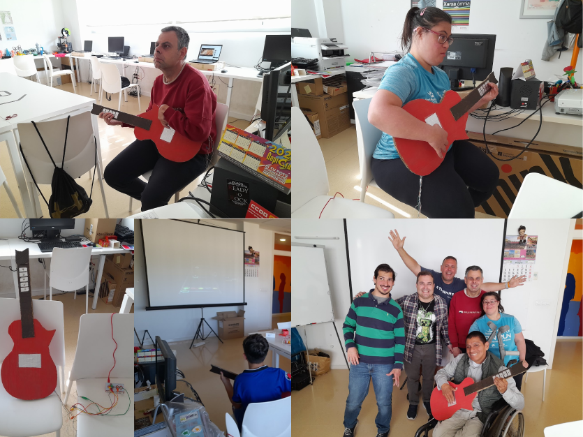 Muntatge de quatre imatges que mostren el procés de creació d’una guitarra casolana per al joc Guitar Hero, feta amb cartró, xinxetes i cables connectats a una placa Makey Makey. També hi apareixen participants del Punt Òmnia de Campclar, autors del projecte, mostrant i manipulant la guitarra.