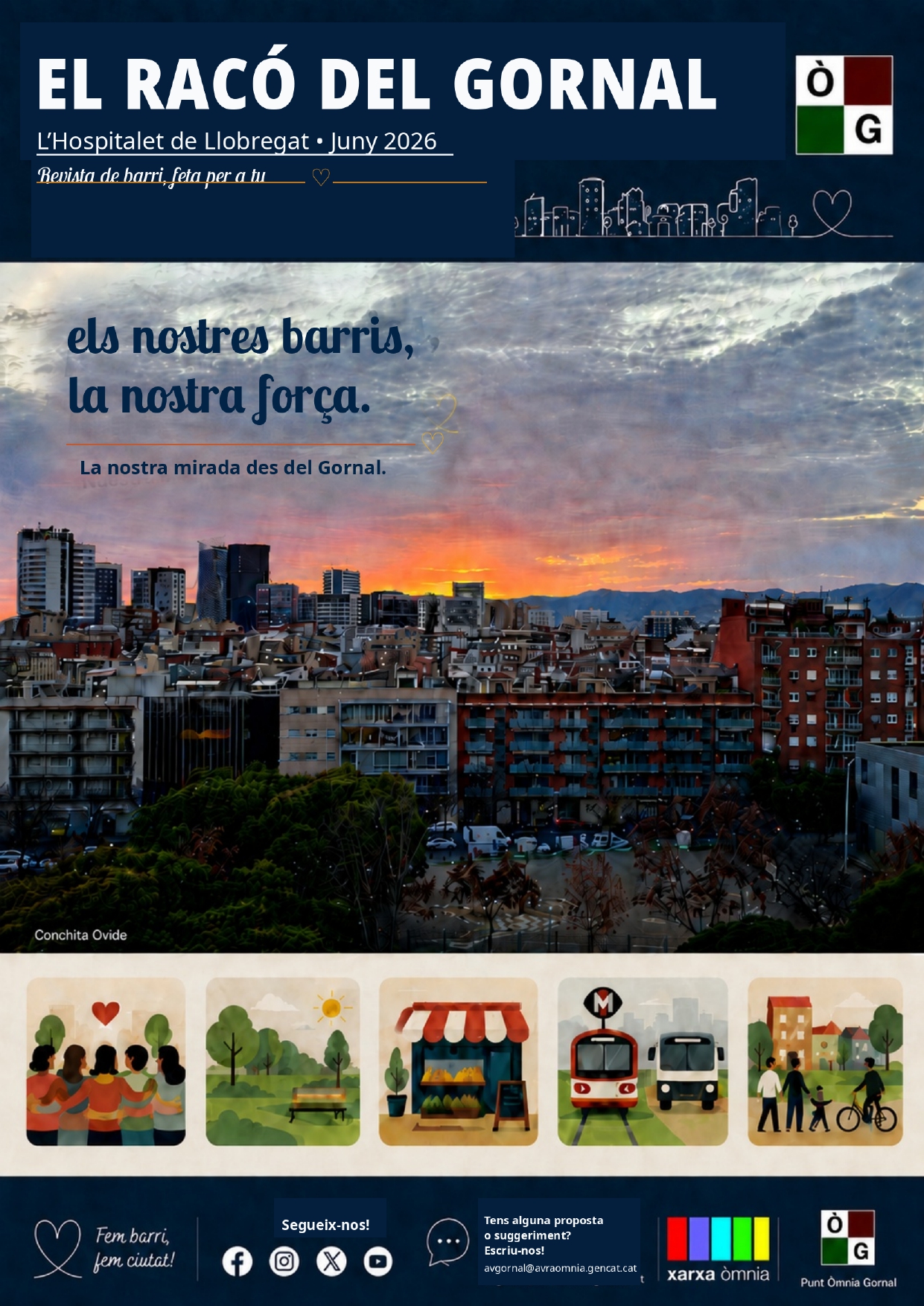 Imatge de la portada de la revista del Gornal. Hi apareixen blocs de pisos del barri, mentre al fons hi ha llum taronja de capvespre. 