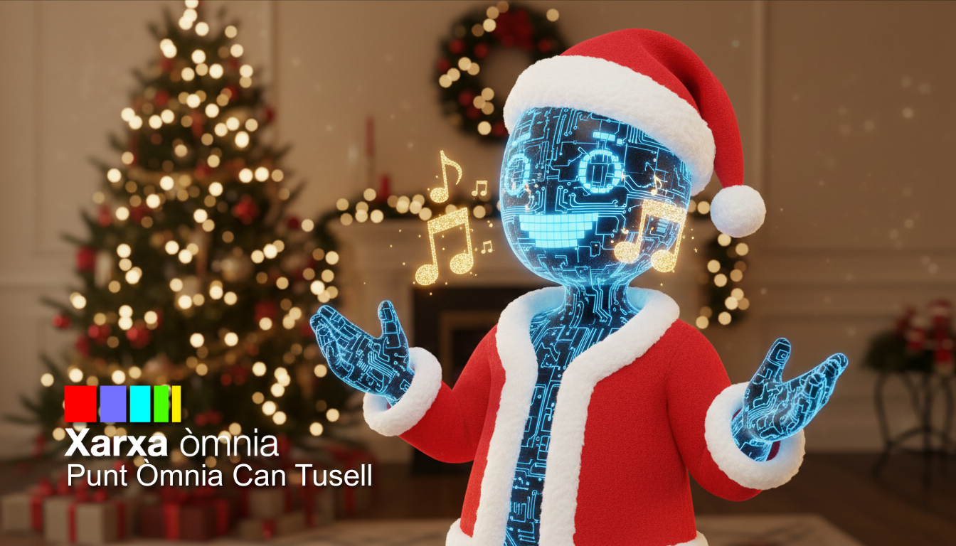 Imatge d'una creació feta amb intel·ligència artificial, en forma humana, vestida amb un gorro i abric de Pare Noel. De fons, es veu un arbre de Nadal amb els llums encesos.