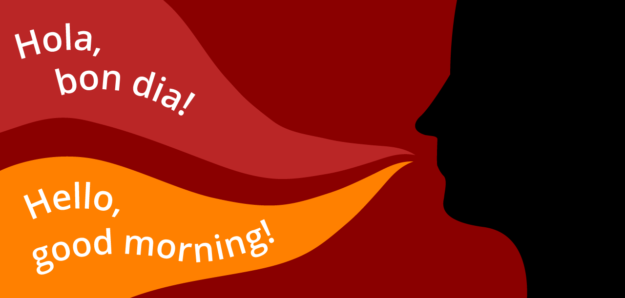 Il·lustració on es pot llegir 'Hola, bon dia!' i la seva traducció a l'anglès: 'Hello, good morning'.