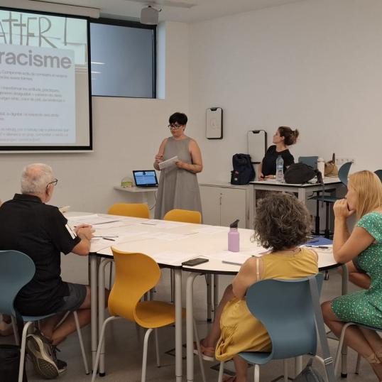 Sala de formació. Hi apareixen diferents persones assegudes al voltant d'una taula i una persona formadora dempeus.