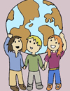 Il·lustració de tres nens sostenint una bola del món