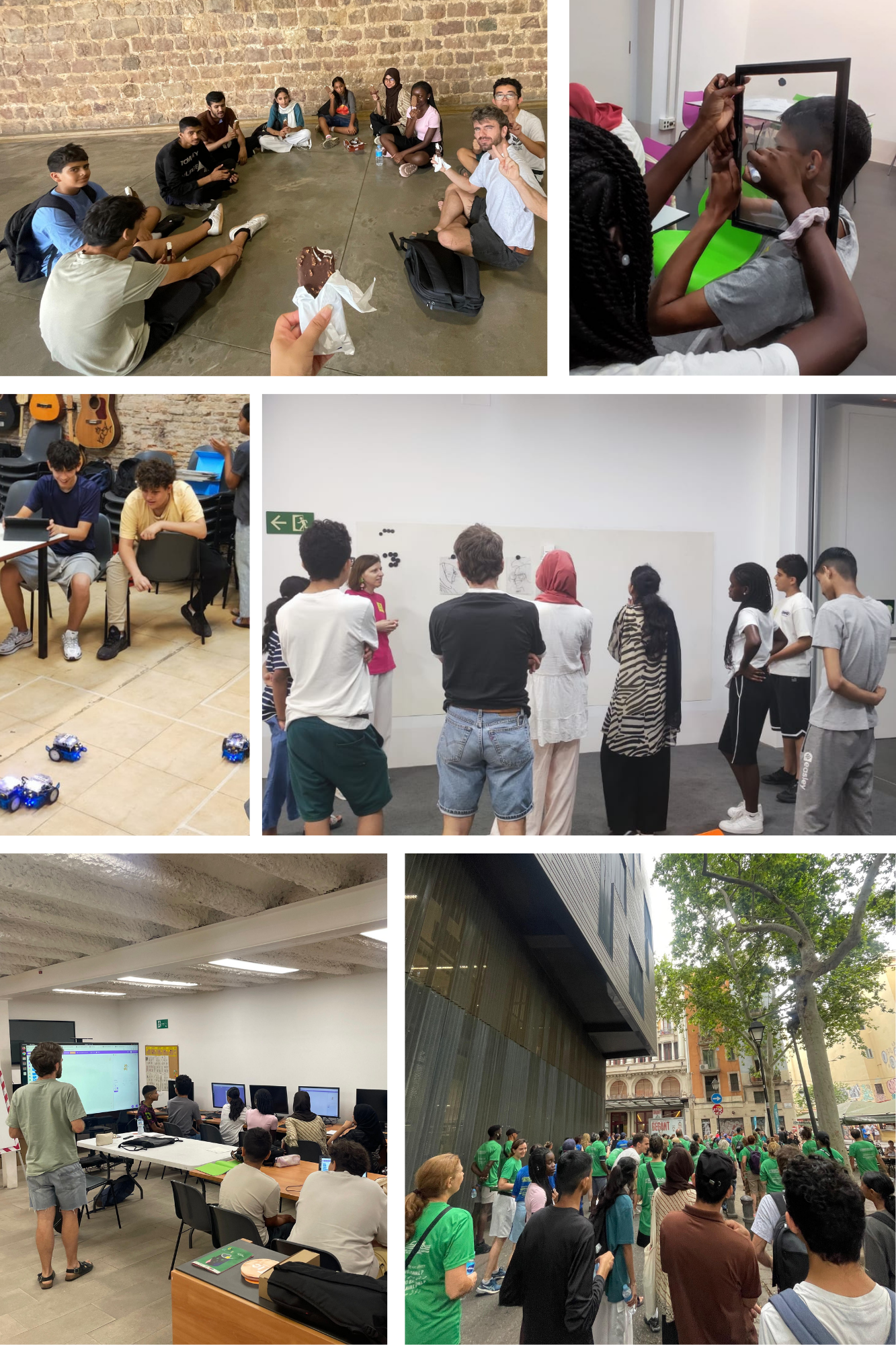 Collage d’imatges del Casalnet d’estiu al Punt Òmnia del Raval – Colectic, on es veuen joves participant en diverses activitats educatives i lúdiques. Algunes imatges mostren sessions de treball amb ordinadors i robots, altres capturen moments de creació artística, visites culturals i activitats comunitàries al carrer. Les escenes reflecteixen un ambient inclusiu, participatiu i creatiu, on la tecnologia i el pensament crític es combinen amb el joc, l’expressió personal i la cohesió social.
