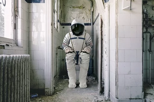 Astronauta en un lavabo abandonat