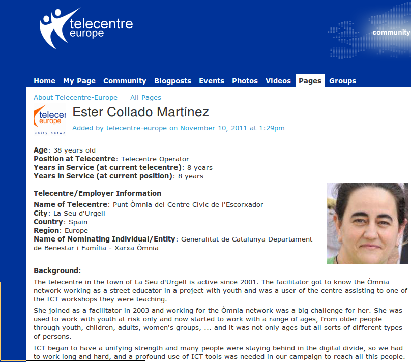 Captura del currículum de l'Ester Collado a Telecentre.org