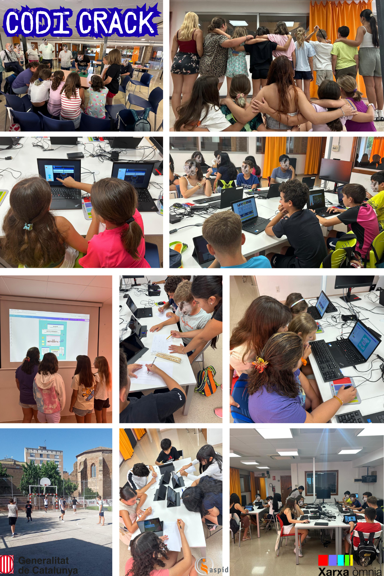 Muntatge de diverses imatges d’activitats del programa CodiCrack d’estiu al Punt Òmnia Balaguer – Eixample. Infants i joves treballant en grup davant d’ordinadors portàtils, fent activitats de programació, robòtica i disseny digital. També es veuen dinàmiques de grup, jocs de taula i una estona d’esport a l’aire lliure. 