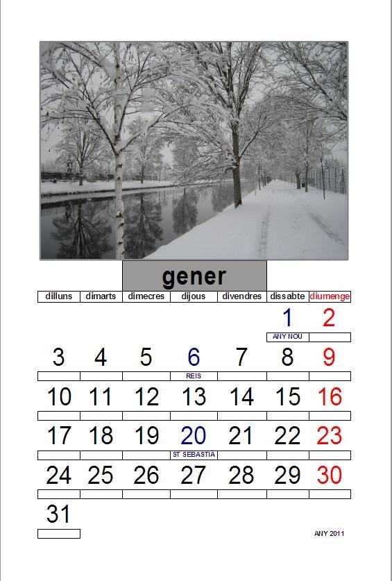 Exemple de calendari, mes de gener de 2011