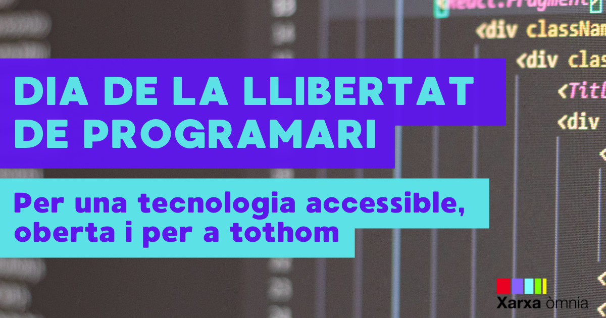 Cartell del Dia de la Llibertat de Programari amb fons blau i text en blanc que informa sobre la celebració el tercer dissabte de setembre. Inclou icones de programari i elements digitals que representen l'accés lliure i la col·laboració tecnològica.