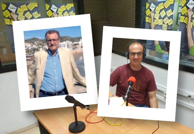 "Fotomuntatge del pòdcast del Punt Òmnia de Vallsgenera: a l’esquerra, Miquel Barceló, expert en innovació urbana, a l’aire lliure amb una americana clara i camisa blava; a la dreta, David Gateu, dinamitzador del Punt Òmnia de Vallsgenera, assegut davant d’un micròfon amb auriculars, gravant l’episodi a l’estudi."