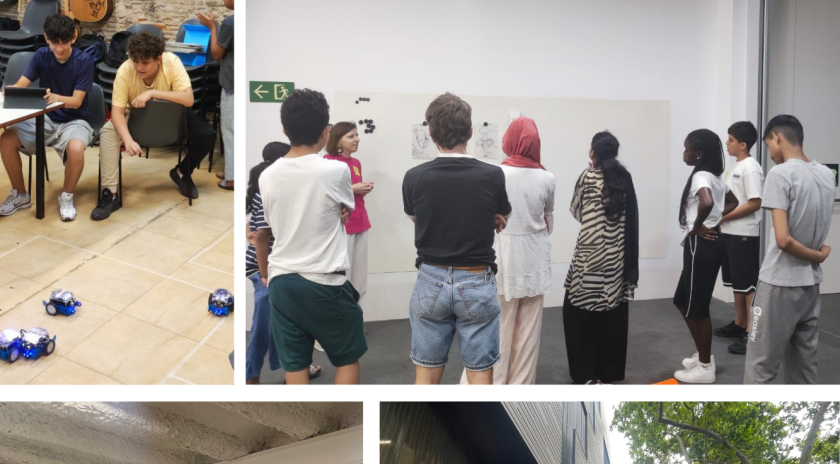 Collage d’imatges del Casalnet d’estiu al Punt Òmnia del Raval – Colectic, on es veuen joves participant en diverses activitats educatives i lúdiques. Algunes imatges mostren sessions de treball amb ordinadors i robots, altres capturen moments de creació artística, visites culturals i activitats comunitàries al carrer. Les escenes reflecteixen un ambient inclusiu, participatiu i creatiu, on la tecnologia i el pensament crític es combinen amb el joc, l’expressió personal i la cohesió social.