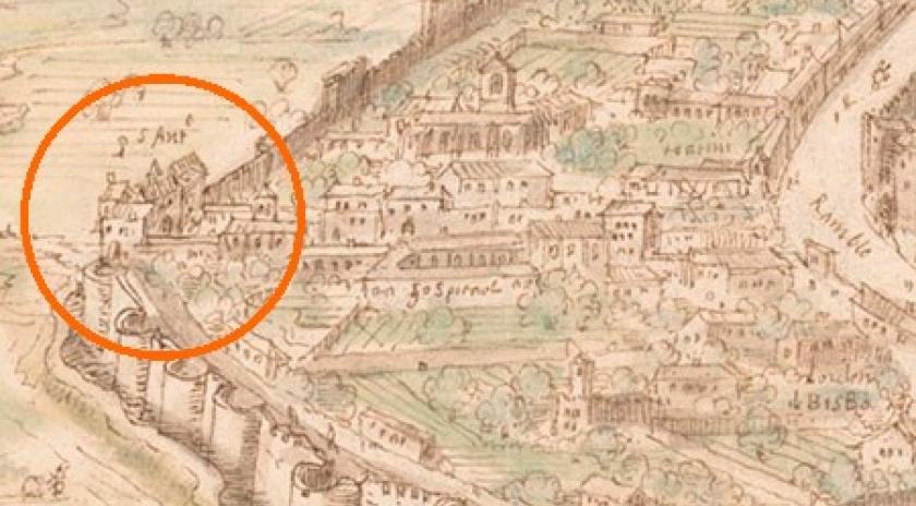 Mapa antic amb un cercle vermell que assenyala el punt on es troba l'Església de Sant Antoni Abat