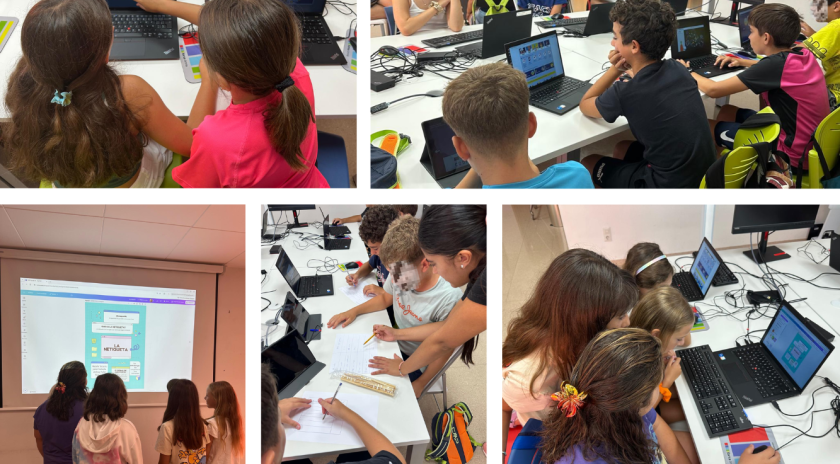 Muntatge de diverses imatges d’activitats del programa CodiCrack d’estiu al Punt Òmnia Balaguer – Eixample. Infants i joves treballant en grup davant d’ordinadors portàtils, fent activitats de programació, robòtica i disseny digital. També es veuen dinàmiques de grup, jocs de taula i una estona d’esport a l’aire lliure. 