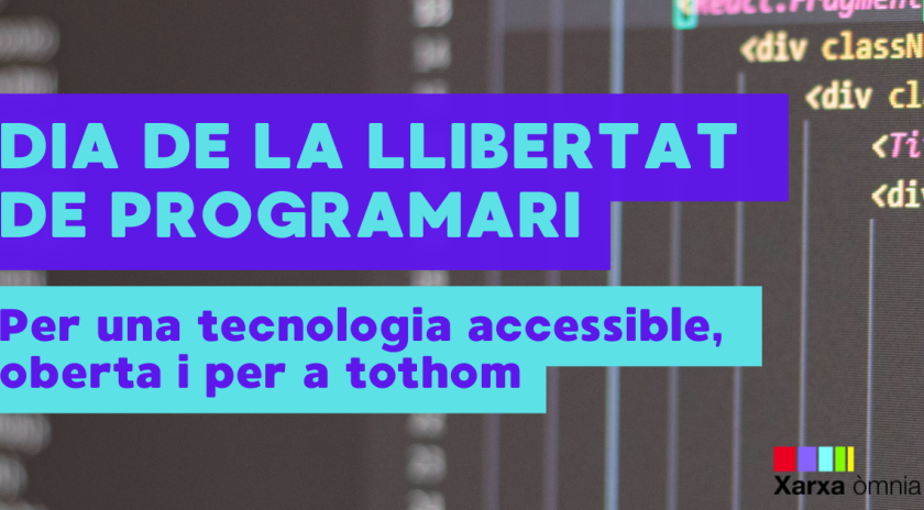 Cartell del Dia de la Llibertat de Programari amb fons blau i text en blanc que informa sobre la celebració el tercer dissabte de setembre. Inclou icones de programari i elements digitals que representen l'accés lliure i la col·laboració tecnològica.