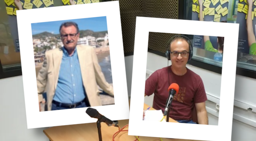 "Fotomuntatge del pòdcast del Punt Òmnia de Vallsgenera: a l’esquerra, Miquel Barceló, expert en innovació urbana, a l’aire lliure amb una americana clara i camisa blava; a la dreta, David Gateu, dinamitzador del Punt Òmnia de Vallsgenera, assegut davant d’un micròfon amb auriculars, gravant l’episodi a l’estudi."