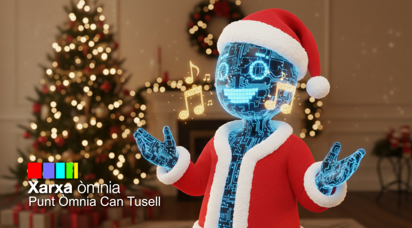 Imatge d'una creació feta amb intel·ligència artificial, en forma humana, vestida amb un gorro i abric de Pare Noel. De fons, es veu un arbre de Nadal amb els llums encesos.