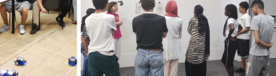 Collage d’imatges del Casalnet d’estiu al Punt Òmnia del Raval – Colectic, on es veuen joves participant en diverses activitats educatives i lúdiques. Algunes imatges mostren sessions de treball amb ordinadors i robots, altres capturen moments de creació artística, visites culturals i activitats comunitàries al carrer. Les escenes reflecteixen un ambient inclusiu, participatiu i creatiu, on la tecnologia i el pensament crític es combinen amb el joc, l’expressió personal i la cohesió social.