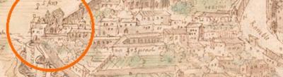 Mapa antic amb un cercle vermell que assenyala el punt on es troba l'Església de Sant Antoni Abat