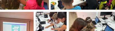 Muntatge de diverses imatges d’activitats del programa CodiCrack d’estiu al Punt Òmnia Balaguer – Eixample. Infants i joves treballant en grup davant d’ordinadors portàtils, fent activitats de programació, robòtica i disseny digital. També es veuen dinàmiques de grup, jocs de taula i una estona d’esport a l’aire lliure. 