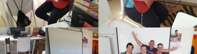 Muntatge de quatre imatges que mostren el procés de creació d’una guitarra casolana per al joc Guitar Hero, feta amb cartró, xinxetes i cables connectats a una placa Makey Makey. També hi apareixen participants del Punt Òmnia de Campclar, autors del projecte, mostrant i manipulant la guitarra.